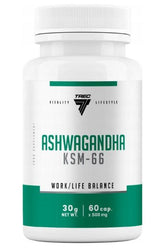 Trec Nutrition Ashwagandha KSM-66 supplement bottle, 500mg, 60 caps for vitality and stress support.
